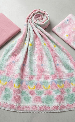 Pink Cotton Chikankari Work Un-Stitched Dress Material