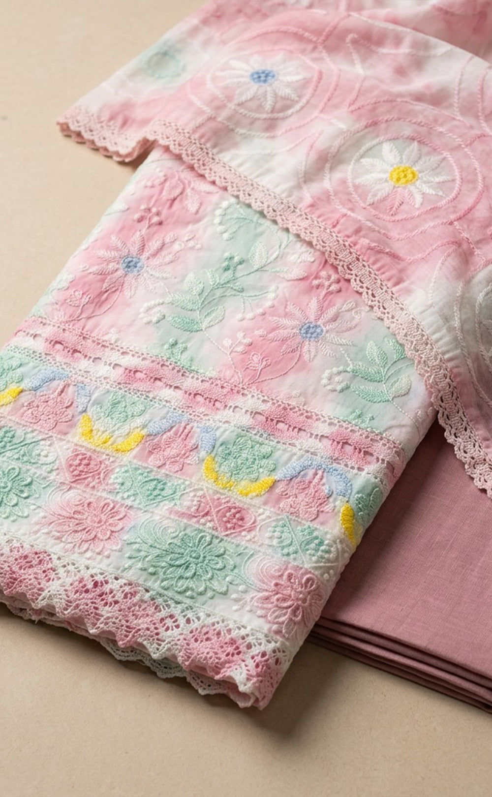 Pink Cotton Chikankari Work Un-Stitched Dress Material