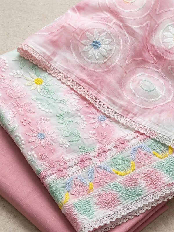 Pink Cotton Chikankari Work Un-Stitched Dress Material