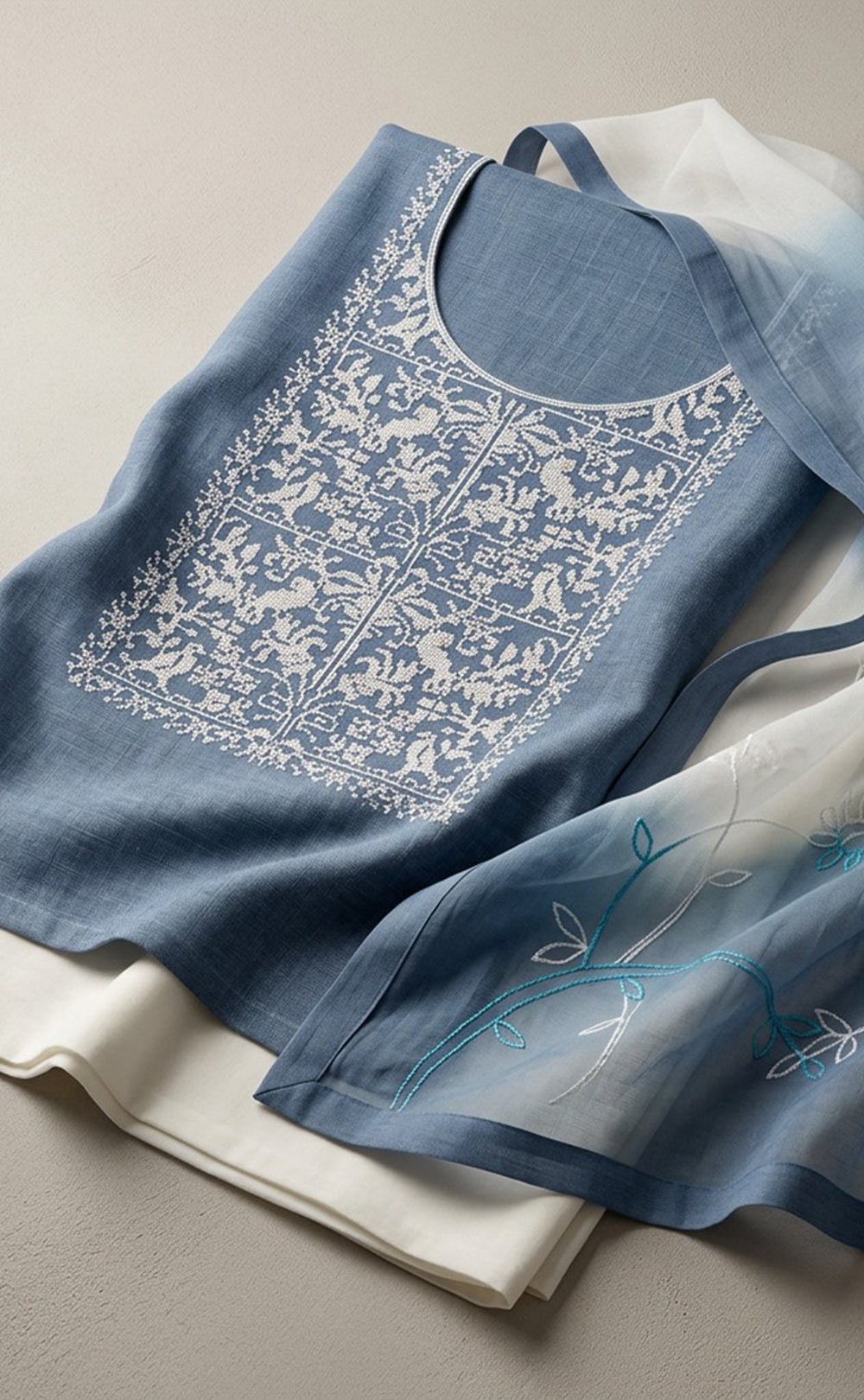 Blue Cotton Thread Work Un-Stitched Dress Material