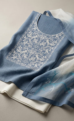 Blue Cotton Thread Work Un-Stitched Dress Material