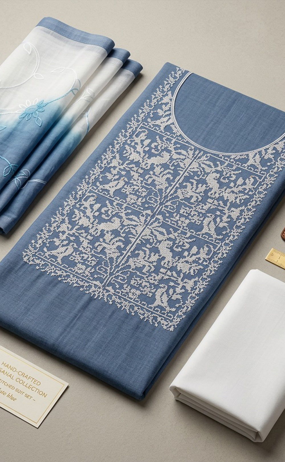 Blue Cotton Thread Work Un-Stitched Dress Material