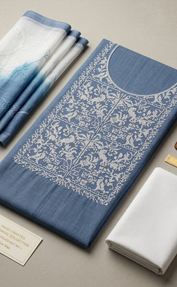Blue Cotton Thread Work Un-Stitched Dress Material