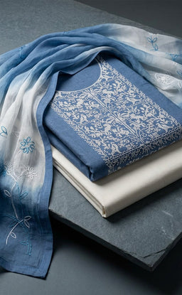Blue Cotton Thread Work Un-Stitched Dress Material