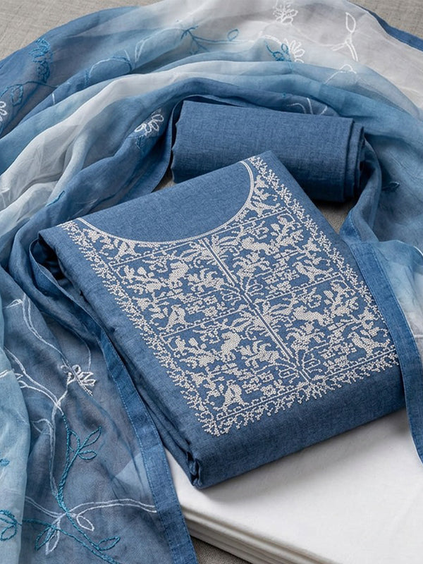 Blue Cotton Thread Work Un-Stitched Dress Material