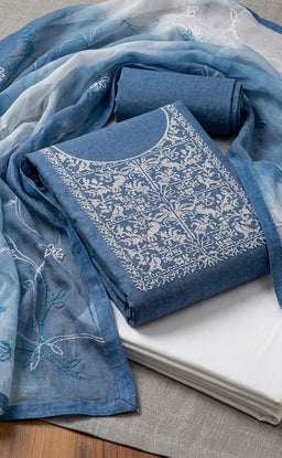 Blue Cotton Thread Work Un-Stitched Dress Material