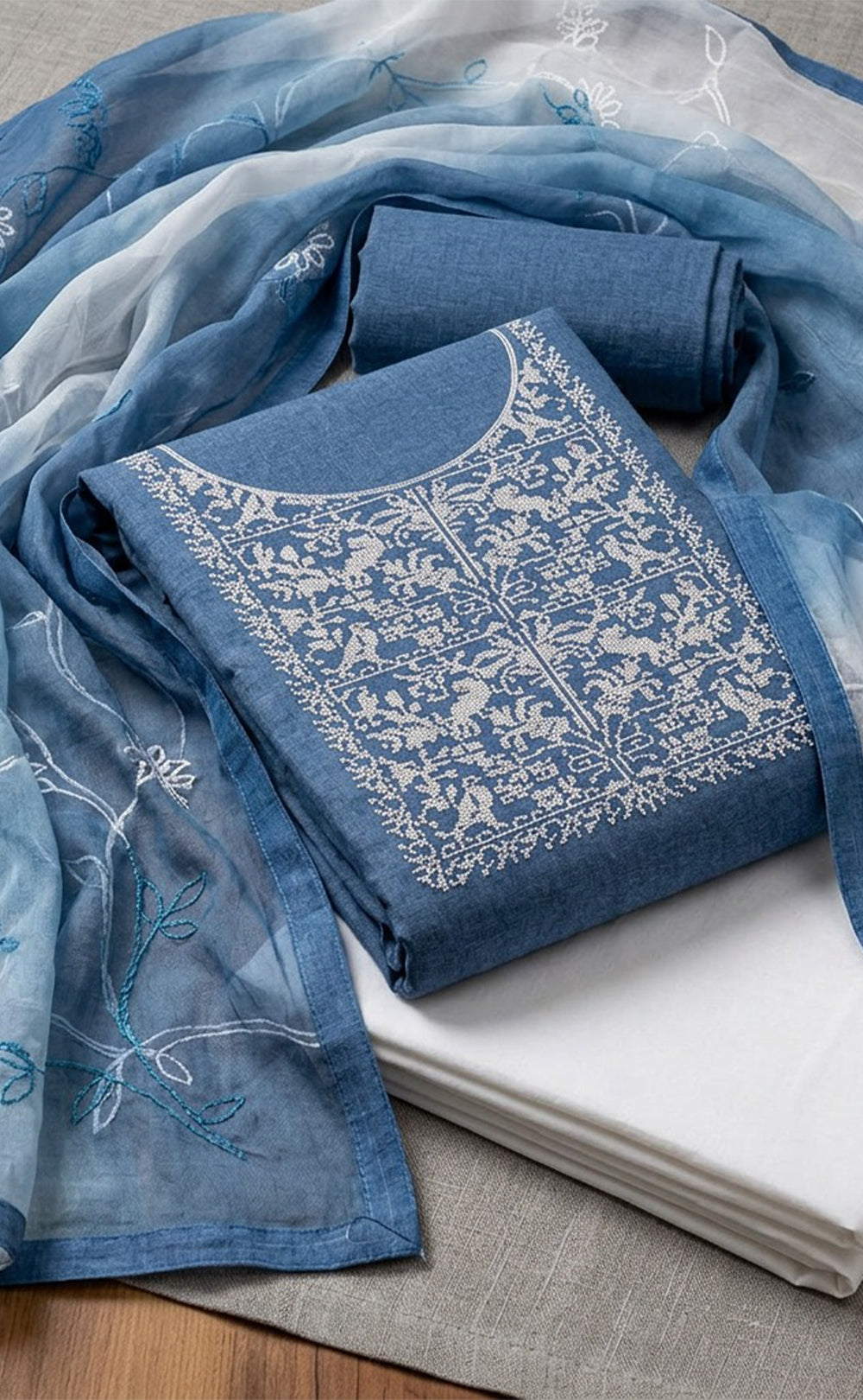 Blue Cotton Thread Work Un-Stitched Dress Material