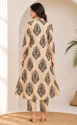 Cream With Black Cotton All-Over Block Printed Co-ord Set
