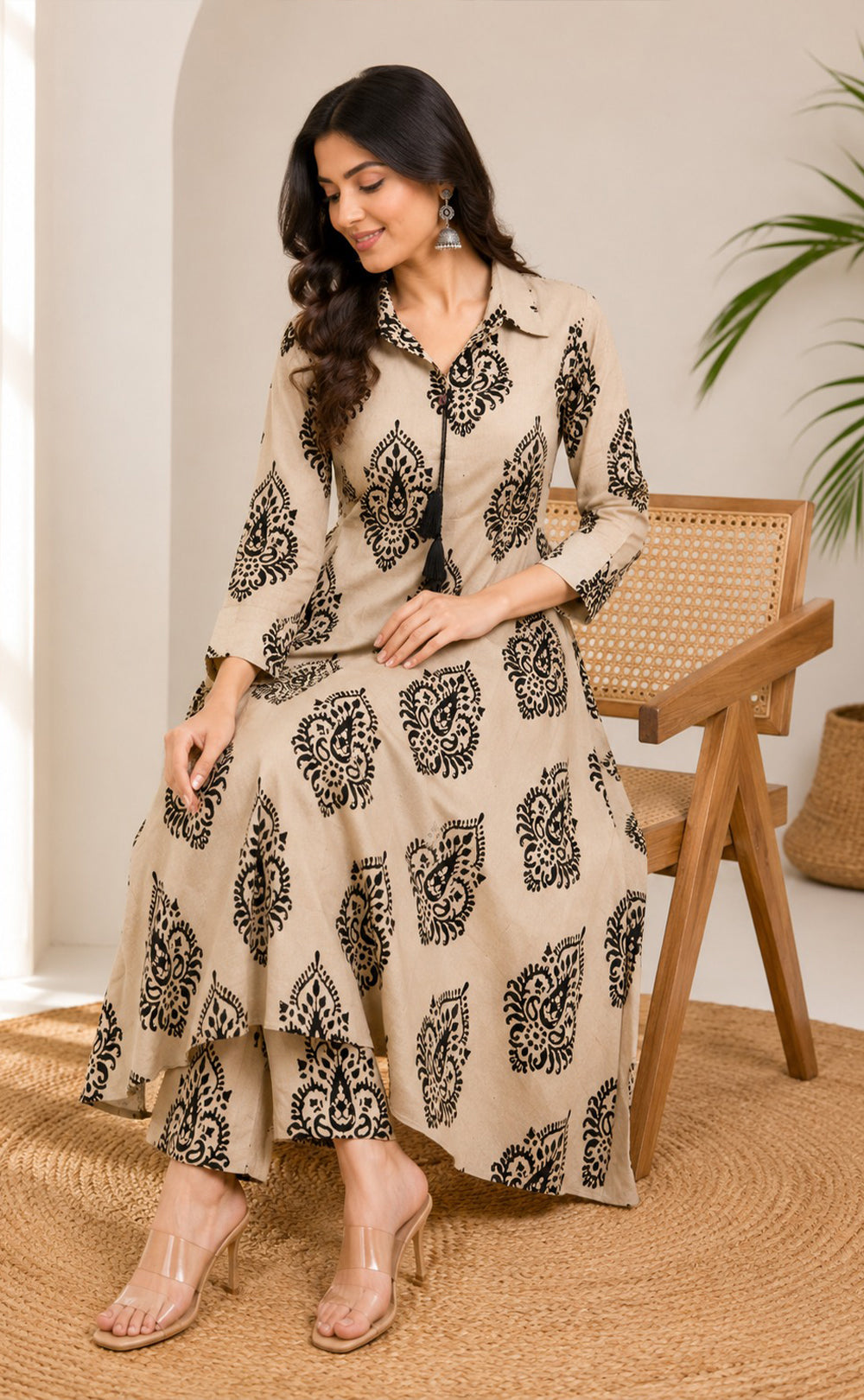 Cream With Black Cotton All-Over Block Printed Co-ord Set