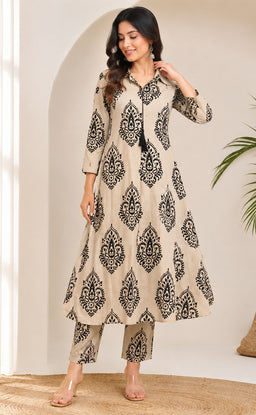 Cream With Black Cotton All-Over Block Printed Co-ord Set