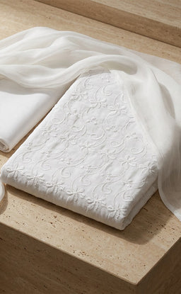 White Cotton All-Over Thread Embroidery Un-Stitched Dress Material