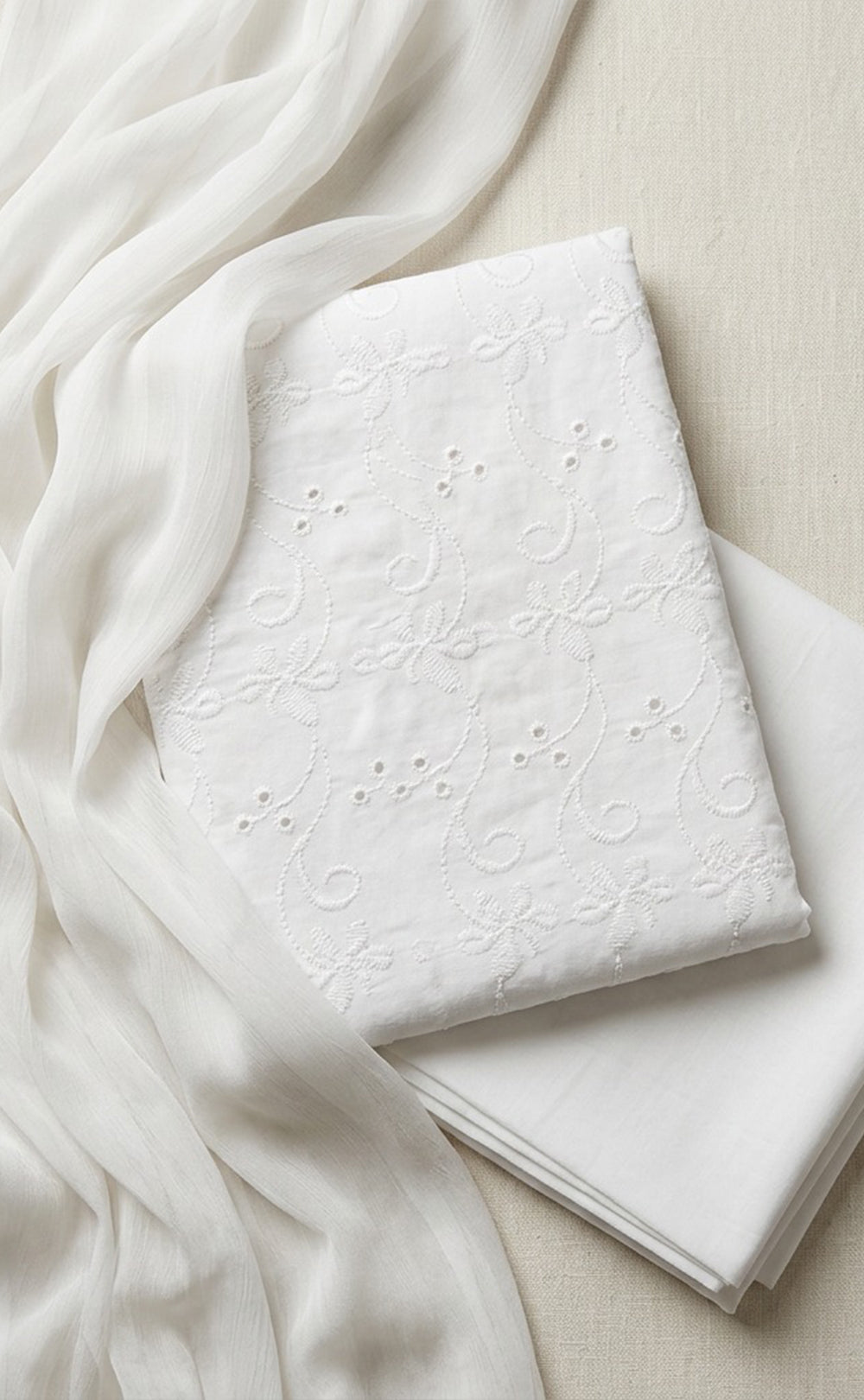 White Cotton All-Over Thread Embroidery Un-Stitched Dress Material