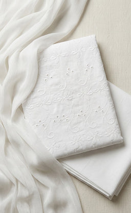 White Cotton All-Over Thread Embroidery Un-Stitched Dress Material