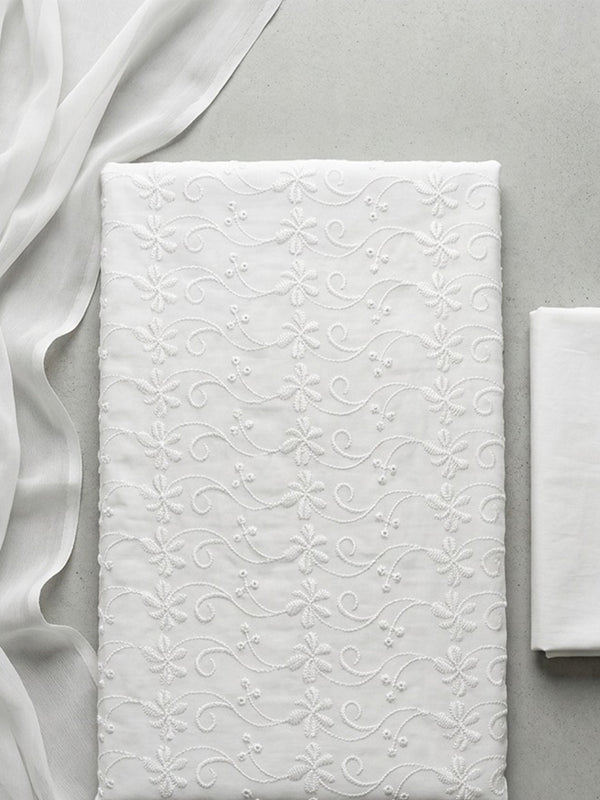 White Cotton All-Over Thread Embroidery Un-Stitched Dress Material