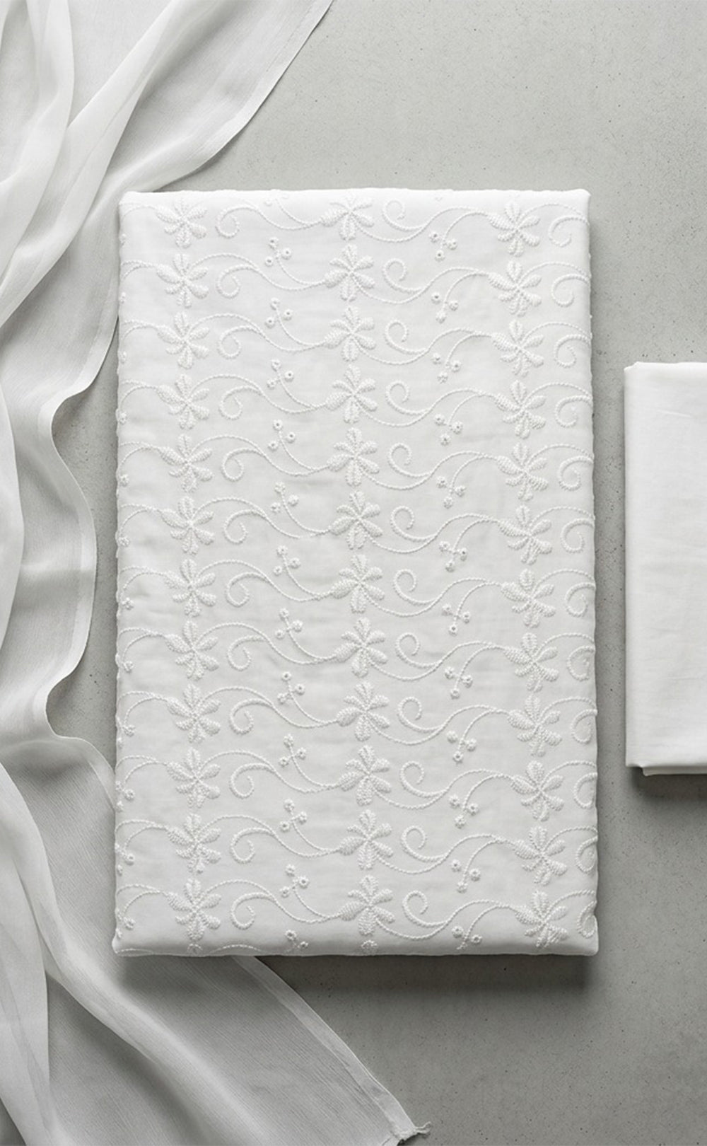 White Cotton All-Over Thread Embroidery Un-Stitched Dress Material