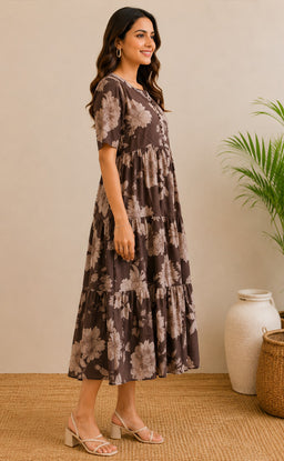Coffee Cotton All-Over Floral Printed Kurti Gown