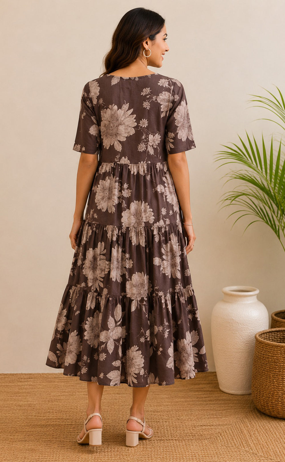 Coffee Cotton All-Over Floral Printed Kurti Gown
