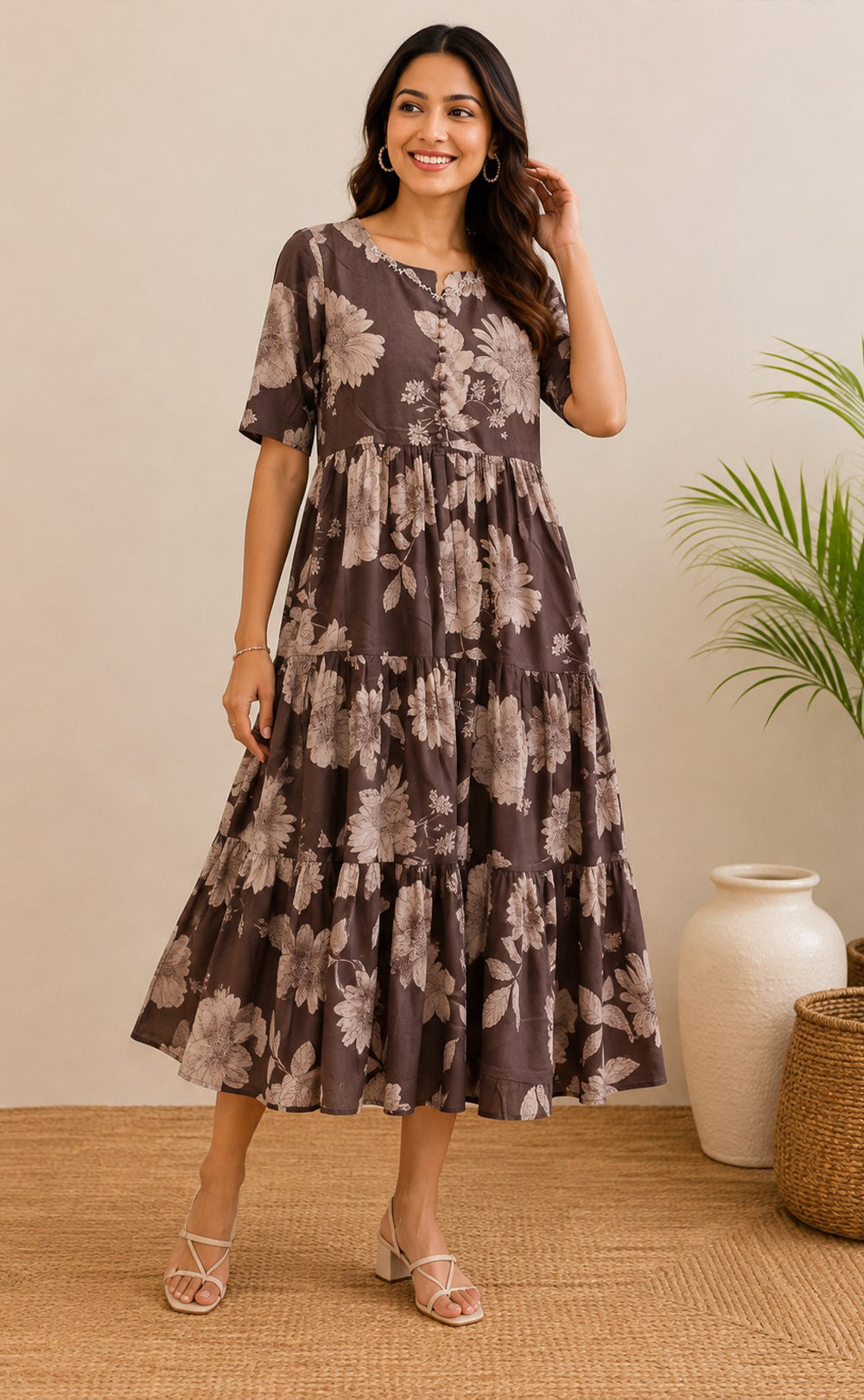 Coffee Cotton All-Over Floral Printed Kurti Gown