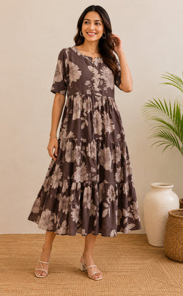 Coffee Cotton All-Over Floral Printed Kurti Gown