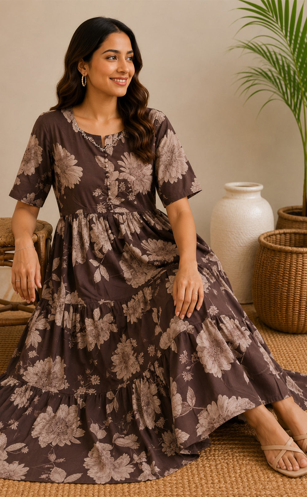Coffee Cotton All-Over Floral Printed Kurti Gown