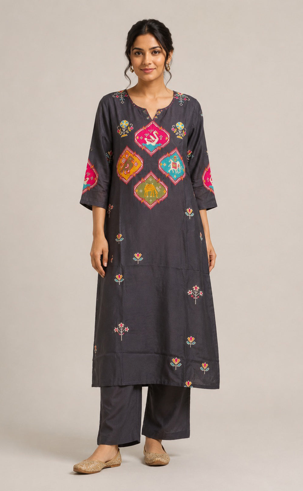 Black Dola Silk Patola Printed Kurti Set