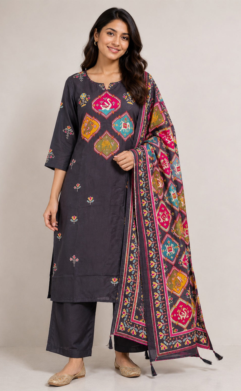 Black Dola Silk Patola Printed Kurti Set