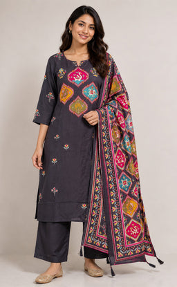 Black Dola Silk Patola Printed Kurti Set
