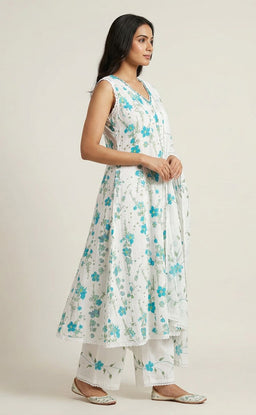 White Cotton Schiffli Work And Floral Printed Kurti Set