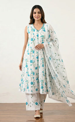 White Cotton Schiffli Work And Floral Printed Kurti Set