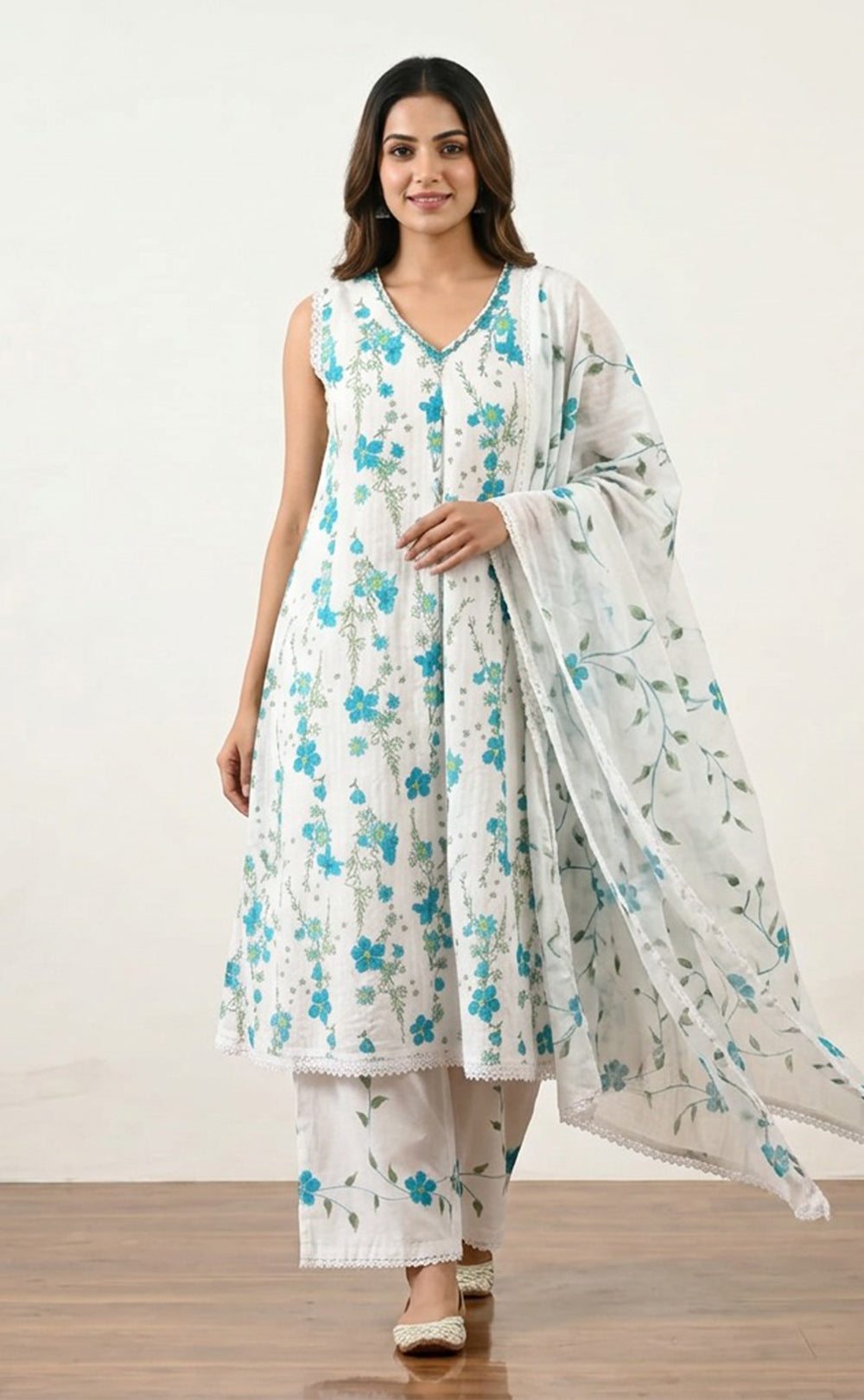 White Cotton Schiffli Work And Floral Printed Kurti Set