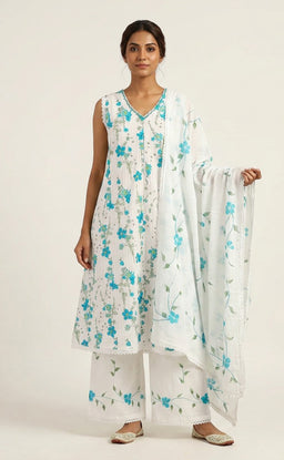 White Cotton Schiffli Work And Floral Printed Kurti Set