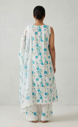 White Cotton Schiffli Work And Floral Printed Kurti Set