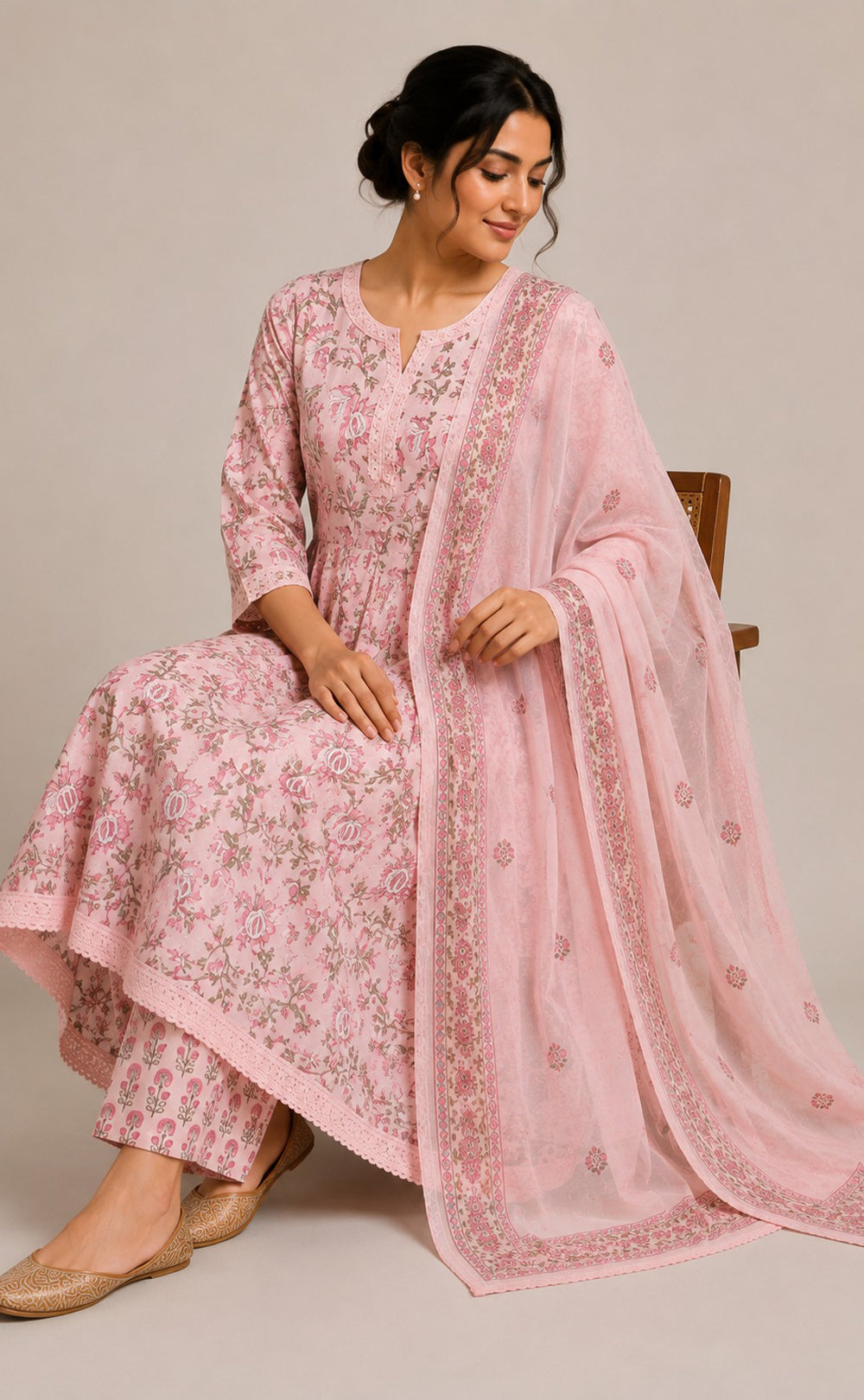 Baby Pink Cotton All-Over Floral Printed Kurti Set