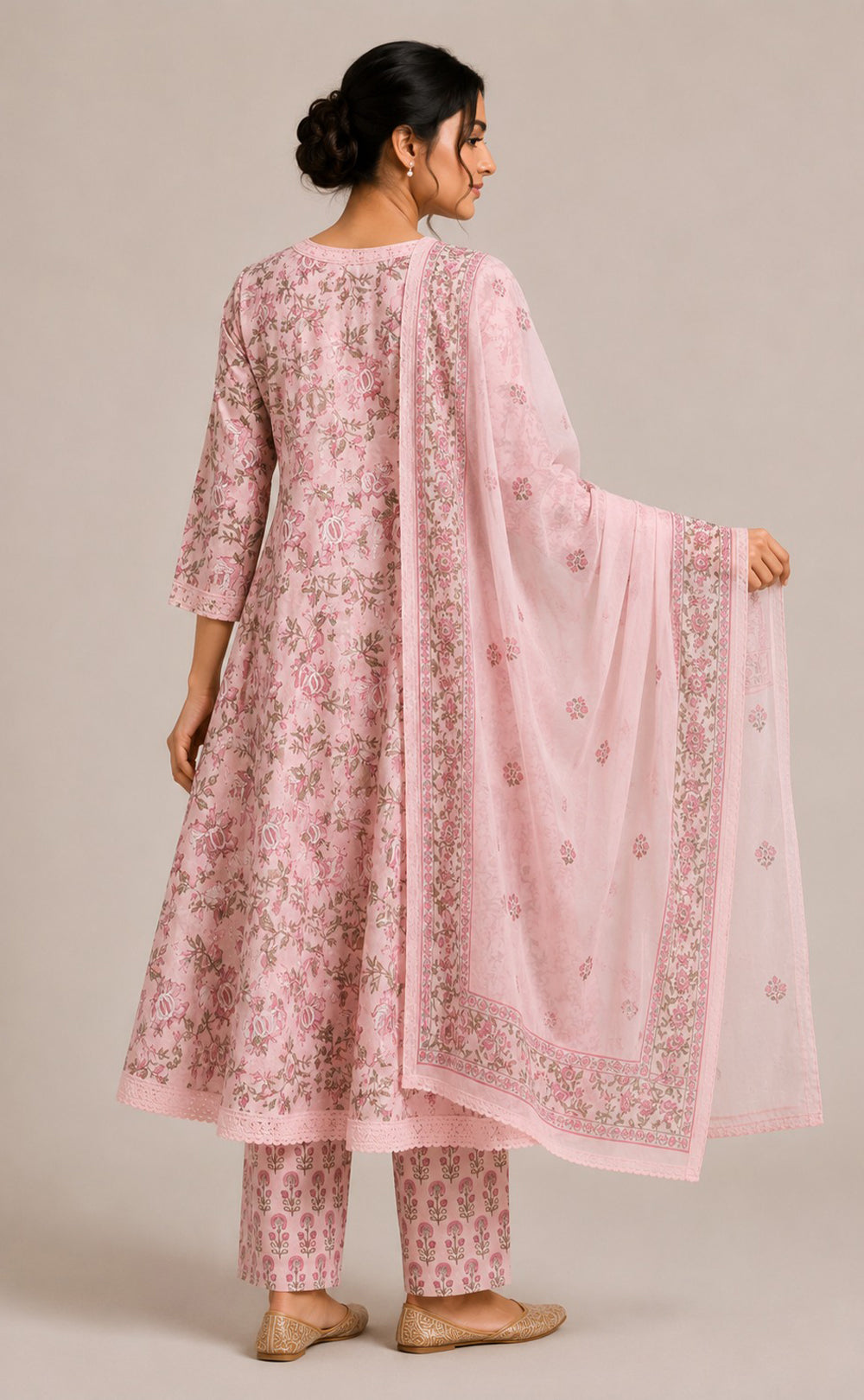 Baby Pink Cotton All-Over Floral Printed Kurti Set