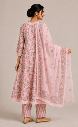 Baby Pink Cotton All-Over Floral Printed Kurti Set