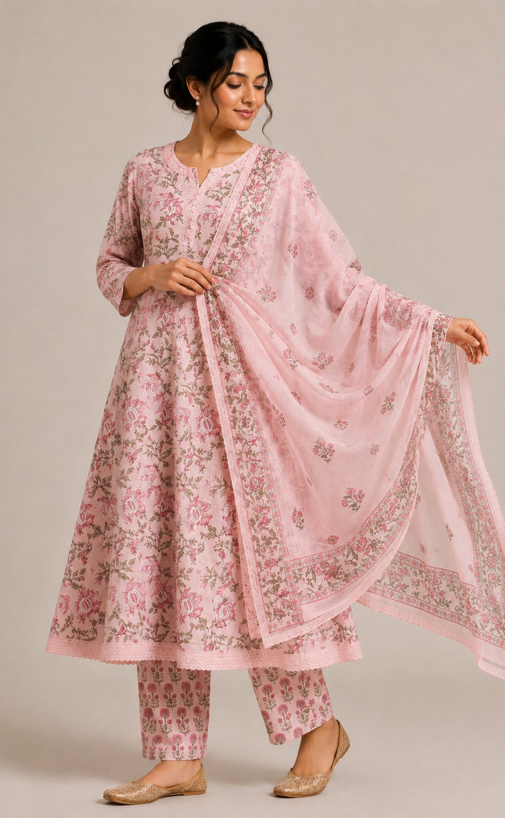 Baby Pink Cotton All-Over Floral Printed Kurti Set