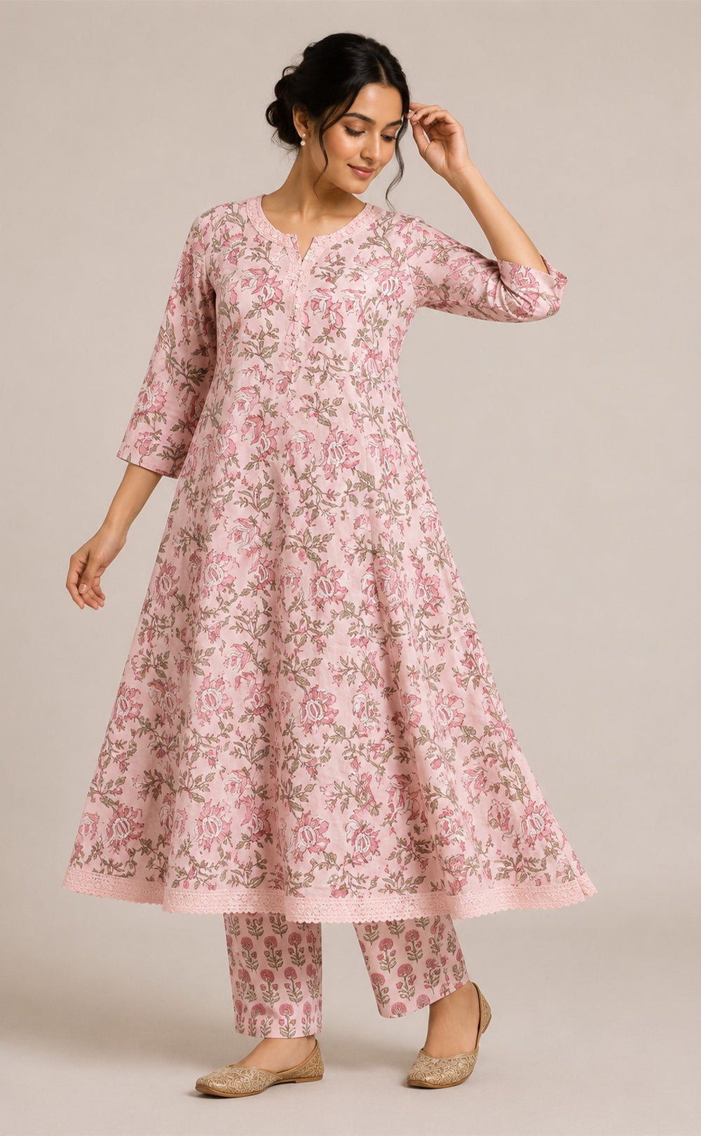 Baby Pink Cotton All-Over Floral Printed Kurti Set