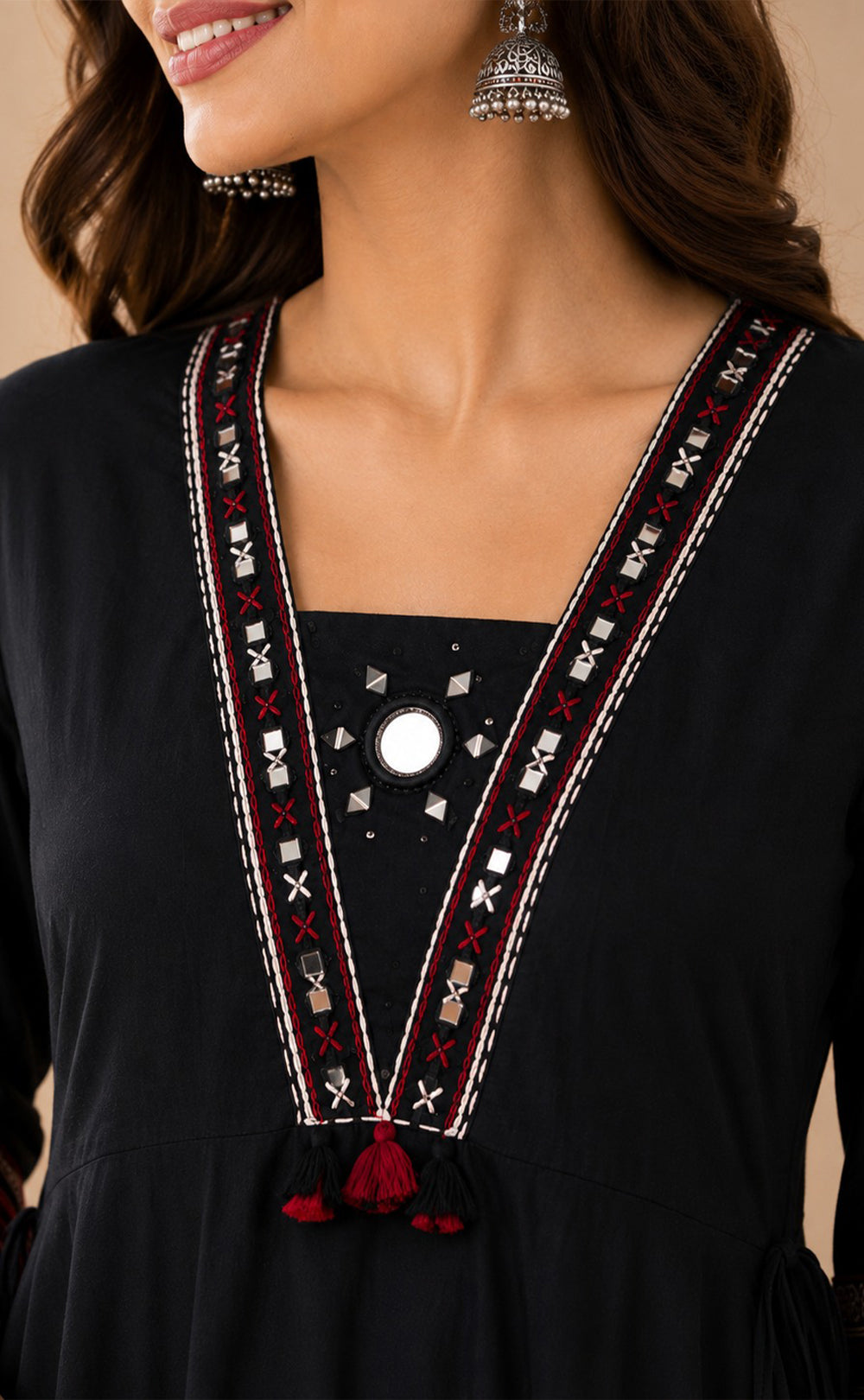 Black Cotton Mirror Work Kurti Set