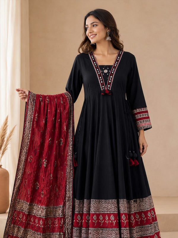 Black Cotton Mirror Work Kurti Set