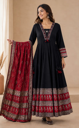 Black Cotton Mirror Work Kurti Set