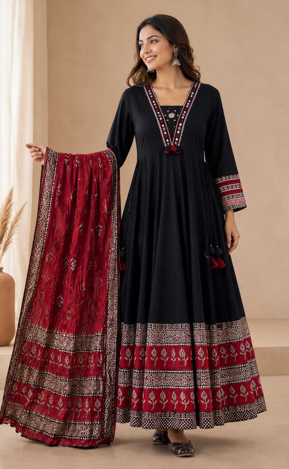 Black Cotton Mirror Work Kurti Set