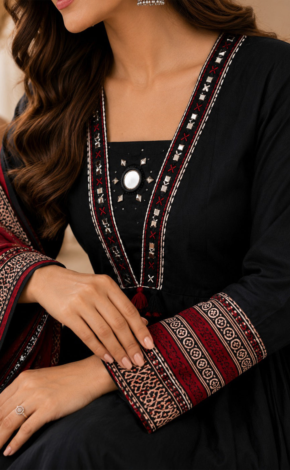 Black Cotton Mirror Work Kurti Set