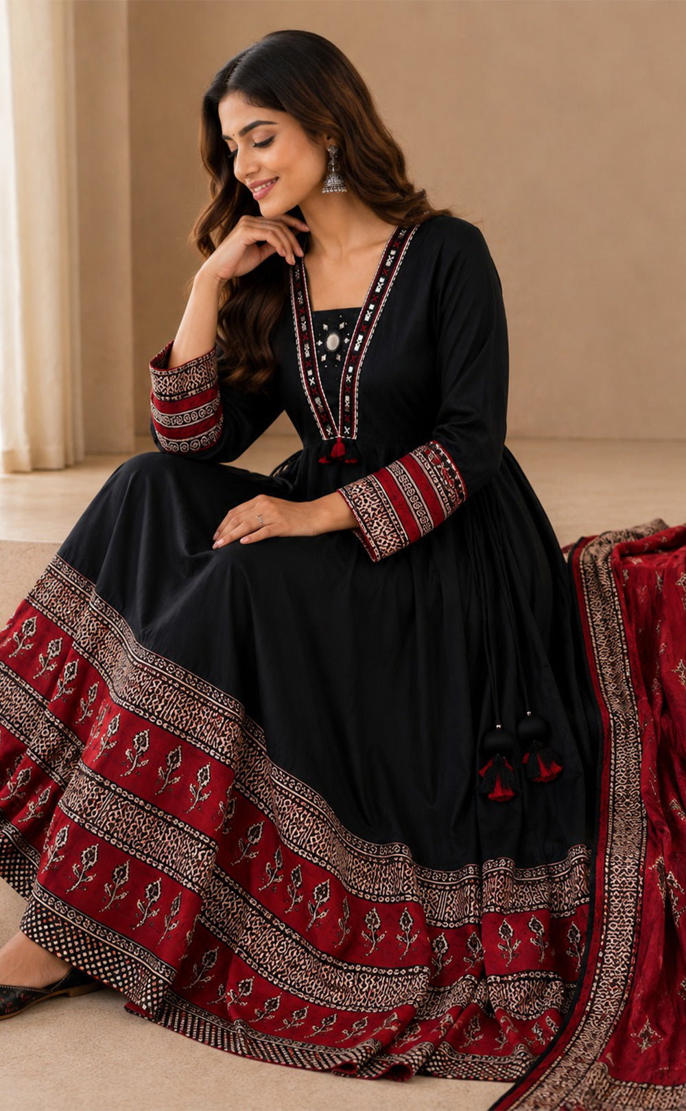 Black Cotton Mirror Work Kurti Set