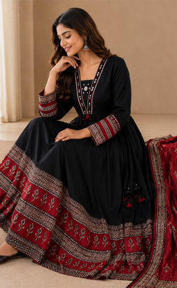 Black Cotton Mirror Work Kurti Set