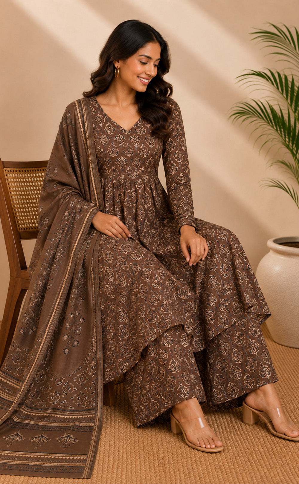 Dark Coffee Cotton All-over Floral Printed Kurti Set
