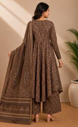 Dark Coffee Cotton All-over Floral Printed Kurti Set