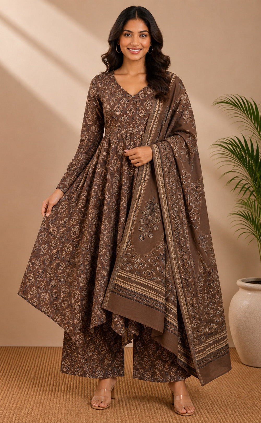 Dark Coffee Cotton All-over Floral Printed Kurti Set