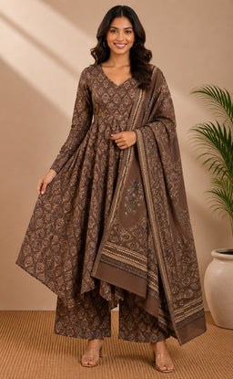 Dark Coffee Cotton All-over Floral Printed Kurti Set