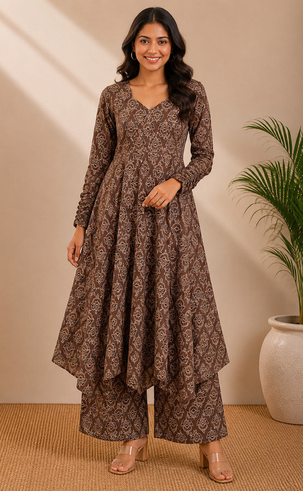 Dark Coffee Cotton All-over Floral Printed Kurti Set