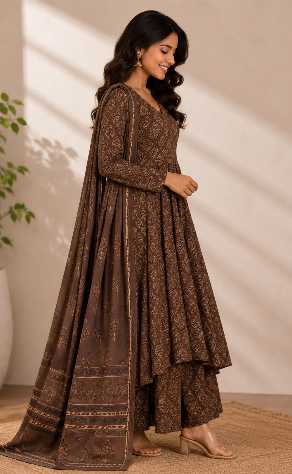 Dark Coffee Cotton All-over Floral Printed Kurti Set